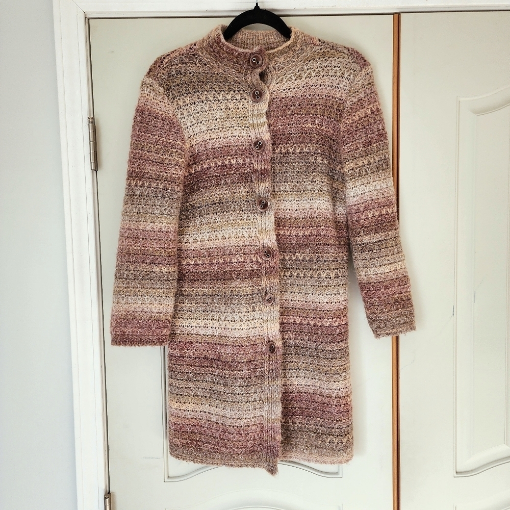 J. Jill Vintage Wool Blend Striped Ombre Knit Velvet Button Coat Cardigan SP